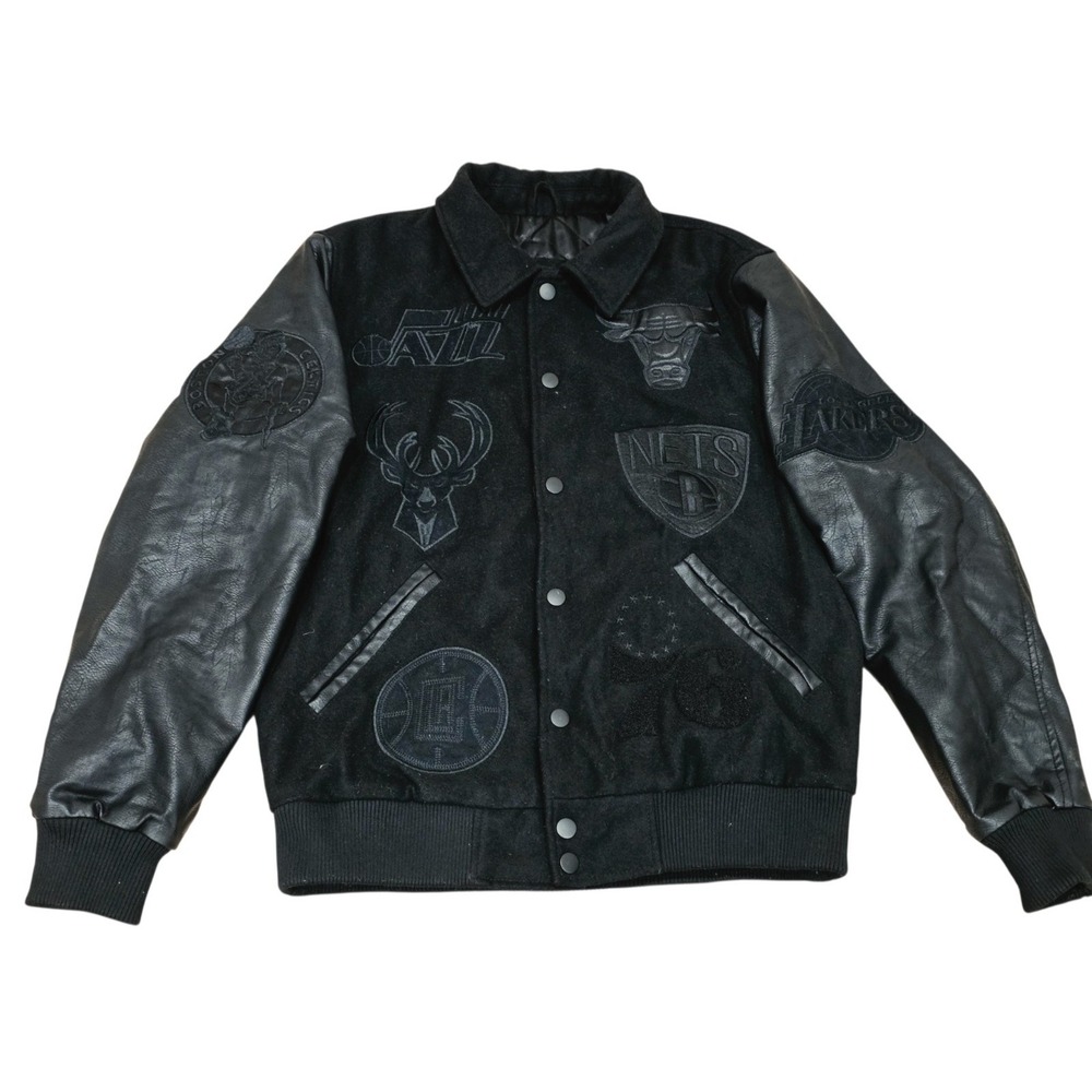 Starter Black Label NBA Multi Team Varsity Jacket Men's M Black Leather Sleeves